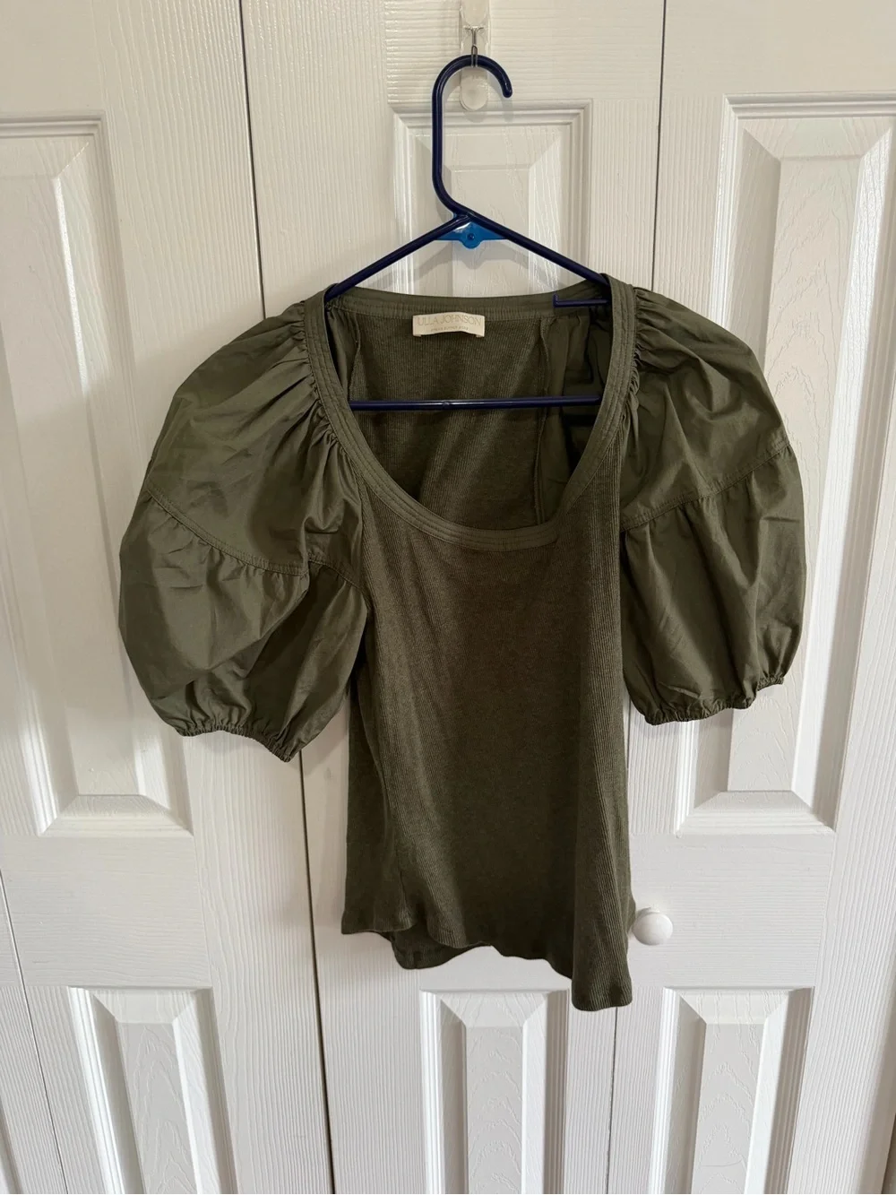 Ulla Johnson Puff Sleeve T-Shirt Ribbed Blouse Military Green Size Small
